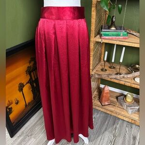 Burgundy Red Pleated Satiny Silky High Waisted Maxi Skirt
